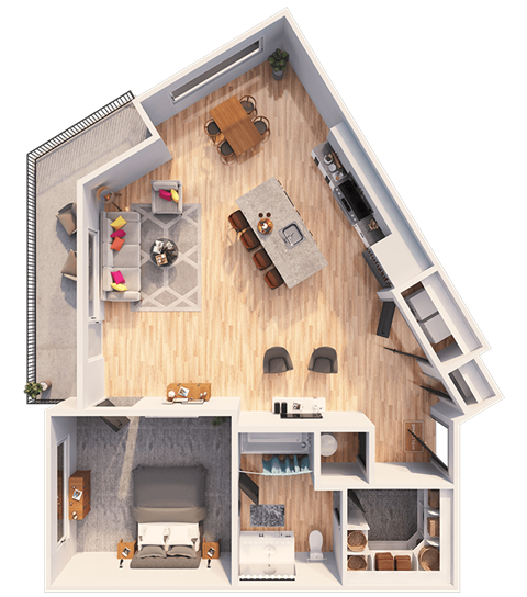 Floor plan for 1 bed, 1 bath, 781 sqft